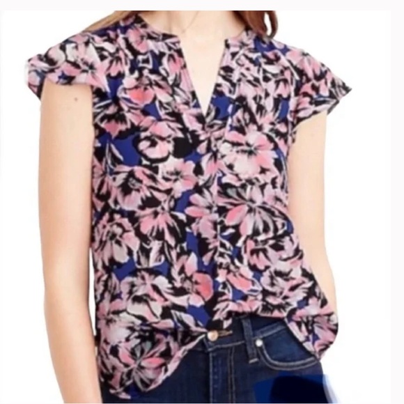 JCrew Flutter Sleeve Hibiscus 100% Silk Top Sz Approx 8 See Measurements ADD ON - Picture 3 of 16